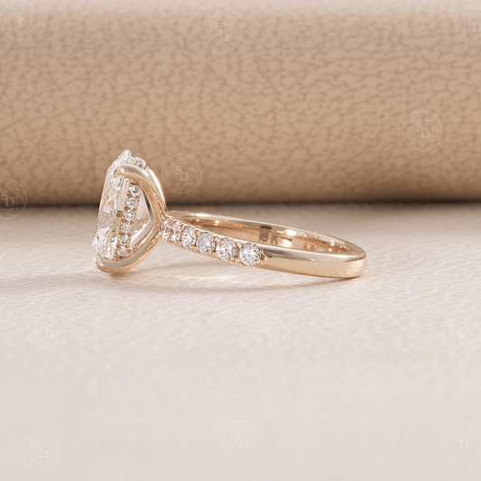 Oval Lab Diamond Engagement ring with pave diamond and hidden halo