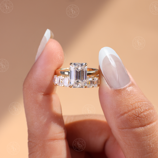 2CT Emerald Cut Lab-Grown Diamond Engagement Ring Set: 14K Yellow Gold Diamond Wedding Band