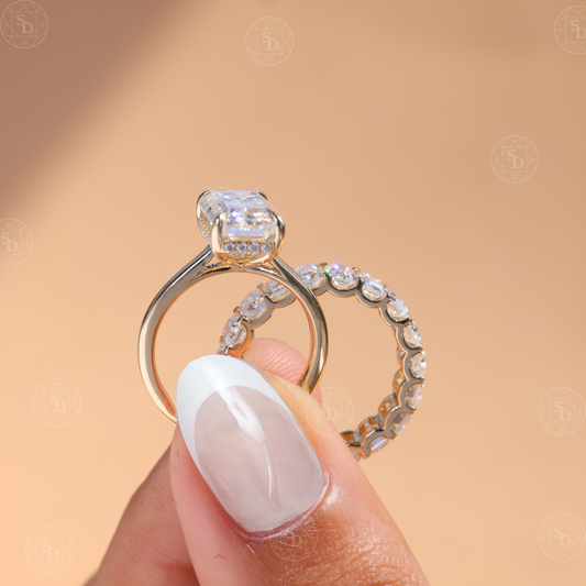 2CT Emerald Cut Lab-Grown Diamond Engagement Ring Set: 14K Yellow Gold Diamond Wedding Band