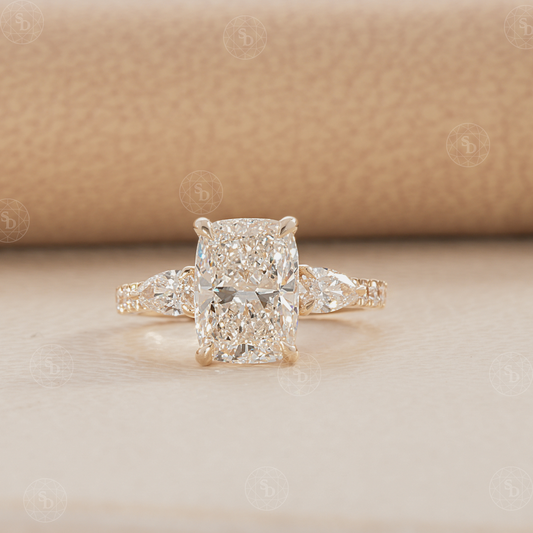 Elongated Cushion Lab Diamond Three stone engagement ring