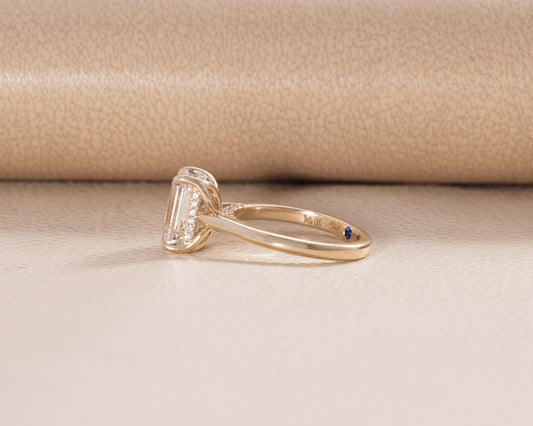 Emerald Lab Diamond ring with Cathedral setting hidden halo
