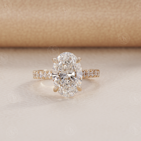 Oval Lab Diamond Ring with Cathedral setting and hidden halo with pave diamond