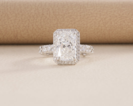 Radiant Cut Lab diamond U-Shank Engagement ring with visible halo