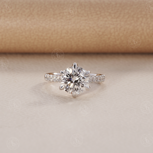 Round Lab Diamond Engagement ring with six Prong tulip basket cathedral setting
