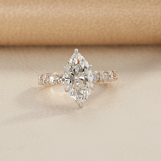 Marquise Lab Diamond U-Shank Engagement ring with tulip basket and hidden halo
