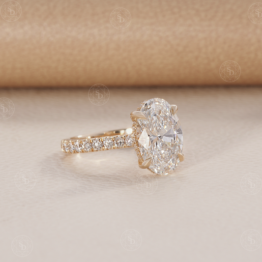 Oval Lab Diamond Ring with Cathedral setting and hidden halo with pave diamond