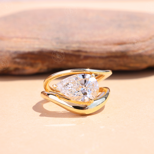 East-West PearCut Lab-Grown Diamond Engagement Ring Set, 14K Gold Stackable Wedding Band