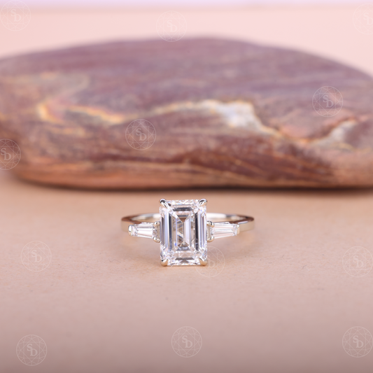 Emerald Lab-Grown Three Stone Ring: 14K Gold Baguette Engagement Ring
