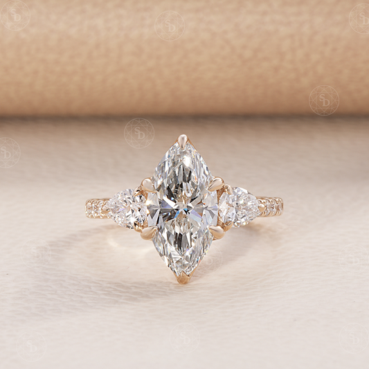 Marquise lab diamond ring with thress stone setting and pave diamond shank