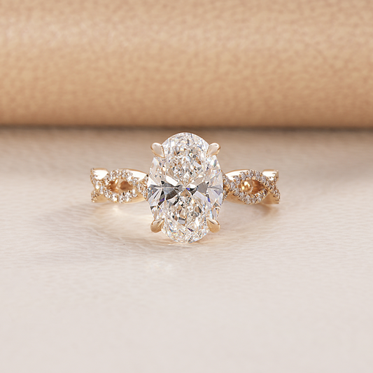 Oval Lab Diamond infinity band engagement ring with hidden halo and cathedral setting