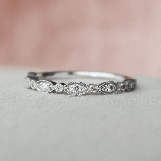 Milgrain Moissanite Wedding Band: 14K White Gold Antique Style