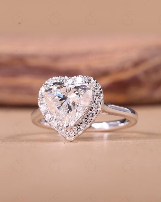 2.0ct Heart Cut Lab Grown Diamond Engagement Ring: 14K Solid White Gold Halo Ring