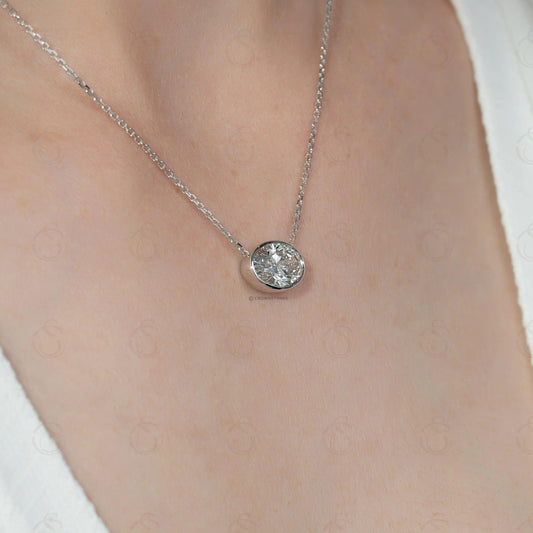 East West Oval Lab Diamond Solitaire Necklace: Bezel Set, Solid Gold