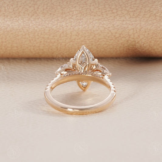 Marquise lab diamond ring with thress stone setting and pave diamond shank
