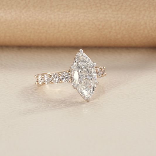 Marquise Lab Diamond U-Shank Engagement ring with tulip basket and hidden halo