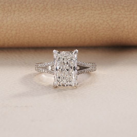 Radiant Lab Diamond Engagement ring with splitshank and diamonds on band