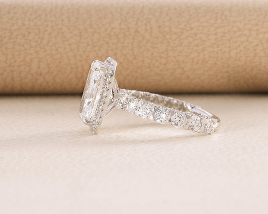 Radiant Cut Lab diamond U-Shank Engagement ring with visible halo