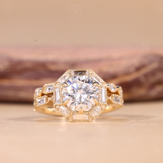 Vintage round cut lab-grown diamond engagement ring set with baguette and marquise halo, milgrain detailing, and elegant antique-inspired design in solid gold