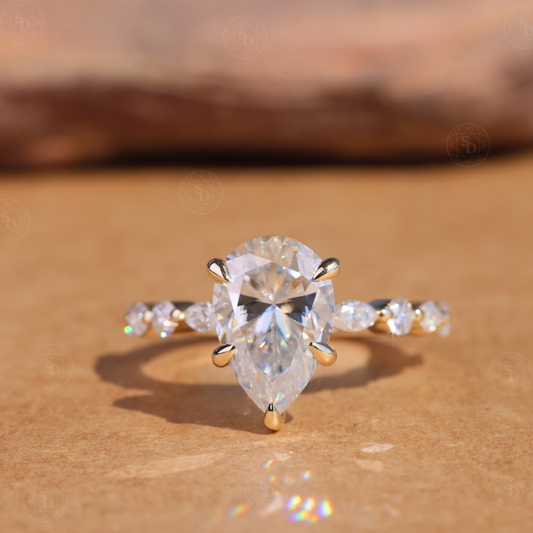 2 CT Pear Cut Lab Diamond Engagement Ring: Marquis & Round Diamond Accent