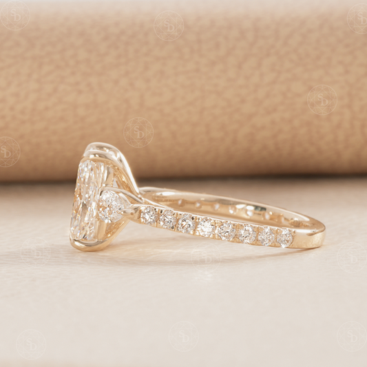 Elongated Cushion Lab Diamond Three stone engagement ring