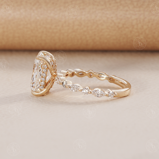 Radiant Cut Lab Diamond Engagement ring with alternate round and marquise band and tulip basket setting