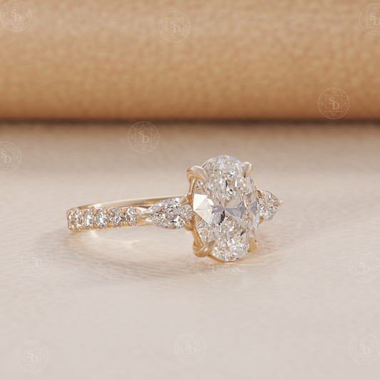 Oval lab diamond three stone engagement ring with pave diamond on band