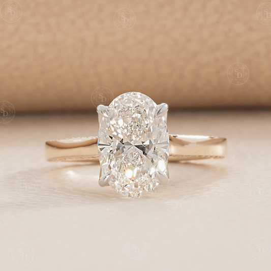 Oval lab diamond cathedral set tulip basket Engagement ring