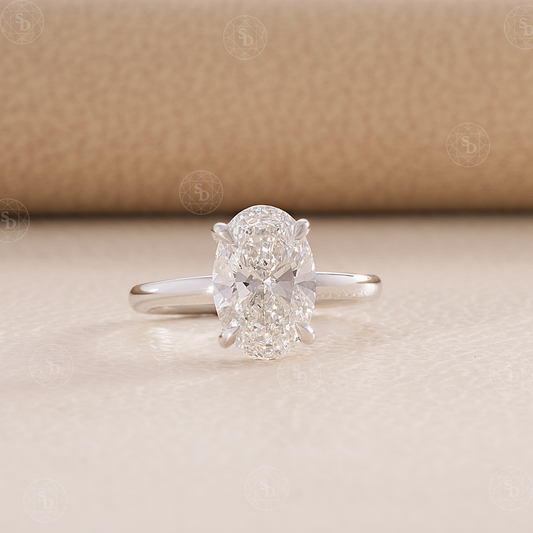 Oval Lab diamond Engagement ring with hidden halo and plain band