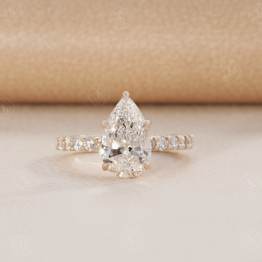 Pear Lab Grown Diamond Engagement Ring with Pave diamond shank and hidden halo
