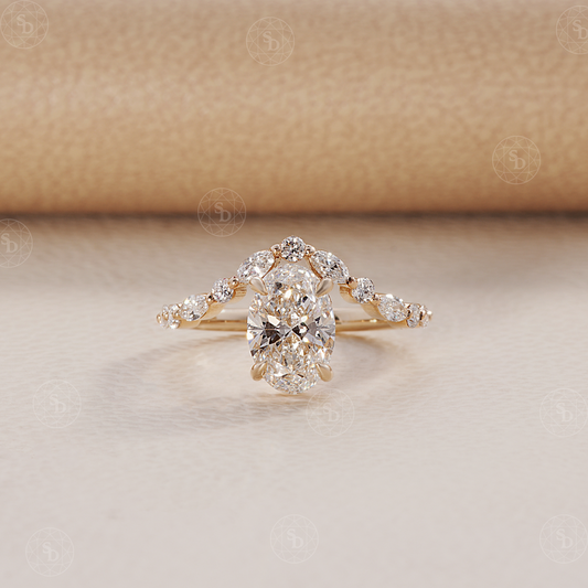 Oval Lab Diamond Engagement ring with Alternate round and marquise tension setting