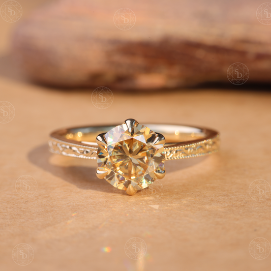 Champagne Lab Grown Diamond Engagement Ring: 14K Gold Art Deco Milgrain Solitaire