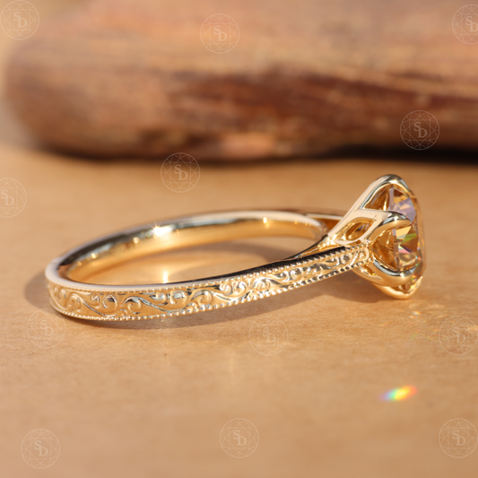 Champagne Lab Grown Diamond Engagement Ring: 14K Gold Art Deco Milgrain Solitaire