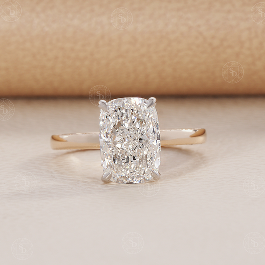 Elongated Cushion Lab Diamond Engagement Ring with V-shape hidden halo