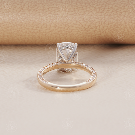 Elongated Cushion Lab Diamond Engagement Ring with V-shape hidden halo