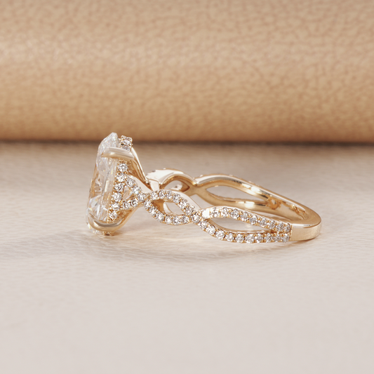 Oval Lab Diamond infinity band engagement ring with hidden halo and cathedral setting