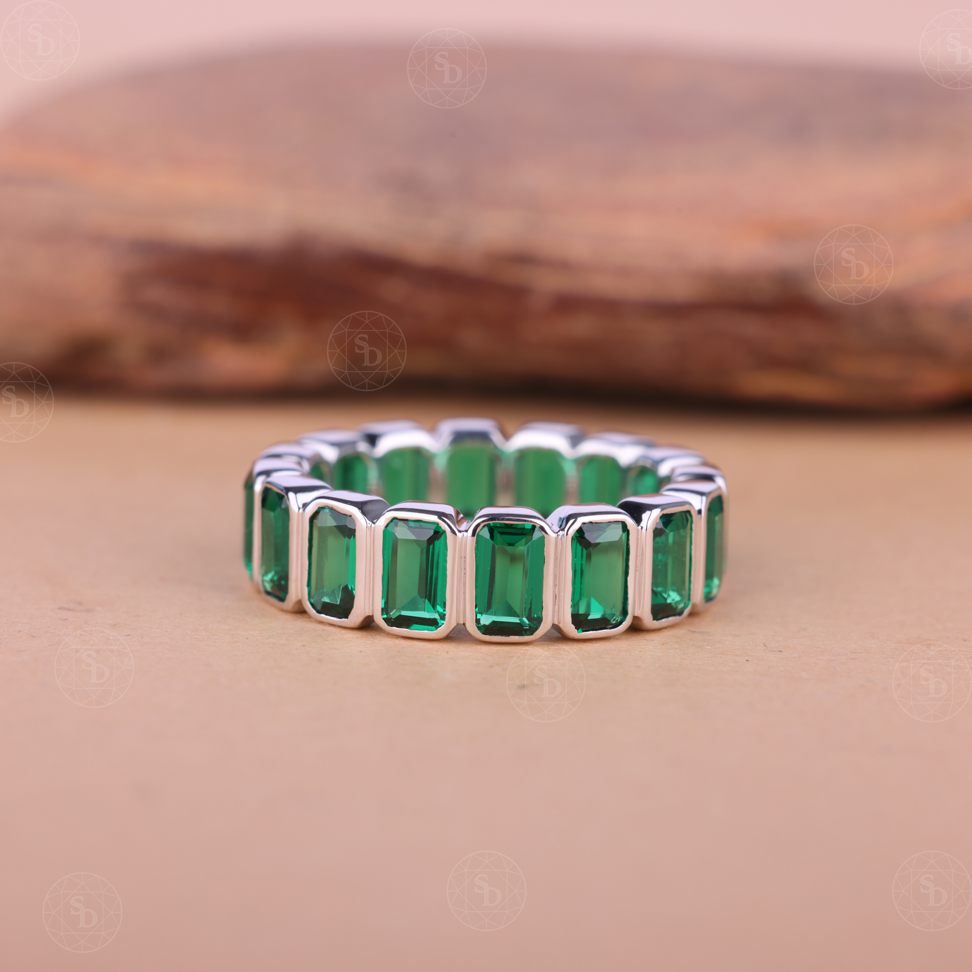 Emerald Cut Green Synthetic Gemstone Full Eternity Wedding Band