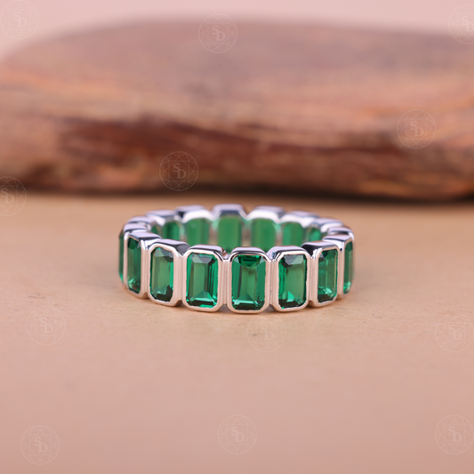 Emerald Cut Green Synthetic Gemstone Full Eternity Wedding Band