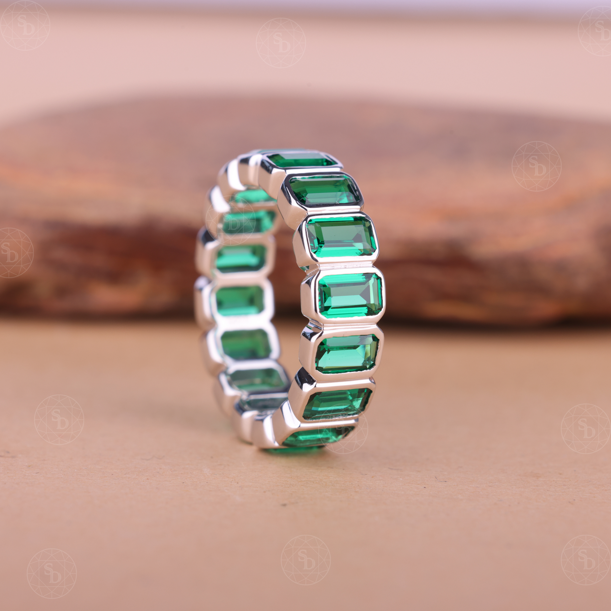 Emerald Cut Green Synthetic Gemstone Full Eternity Wedding Band