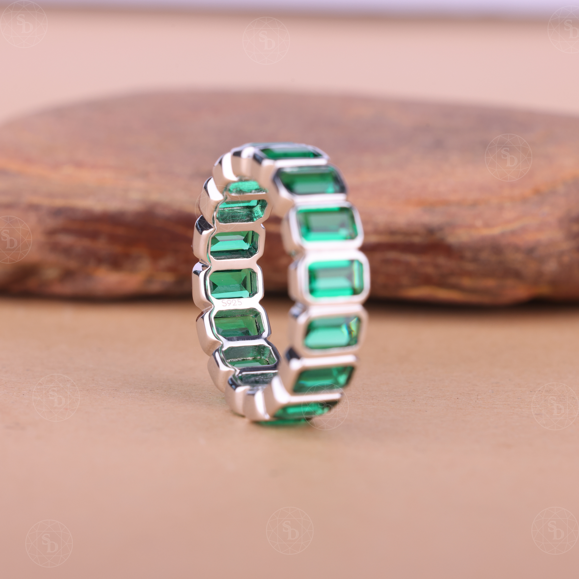 Emerald Cut Green Synthetic Gemstone Full Eternity Wedding Band