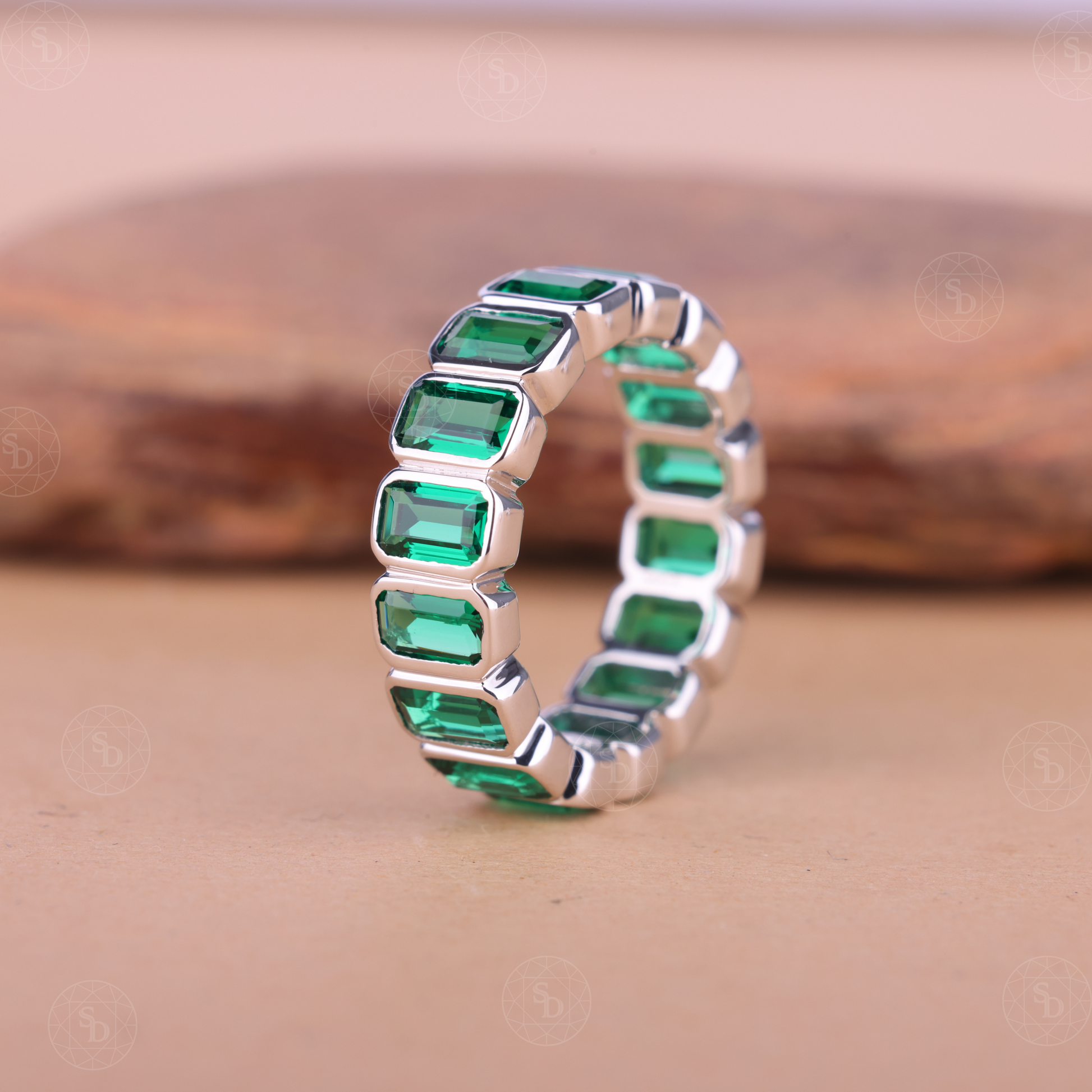 Emerald Cut Green Synthetic Gemstone Full Eternity Wedding Band
