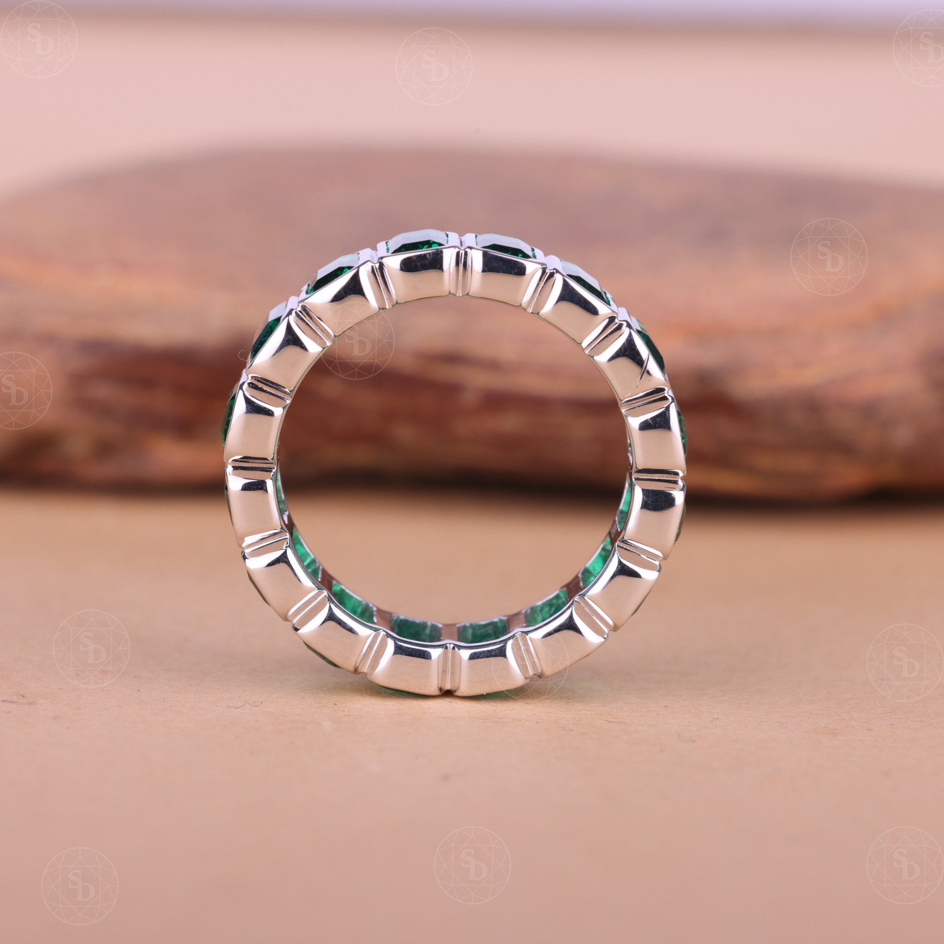 Emerald Cut Green Synthetic Gemstone Full Eternity Wedding Band