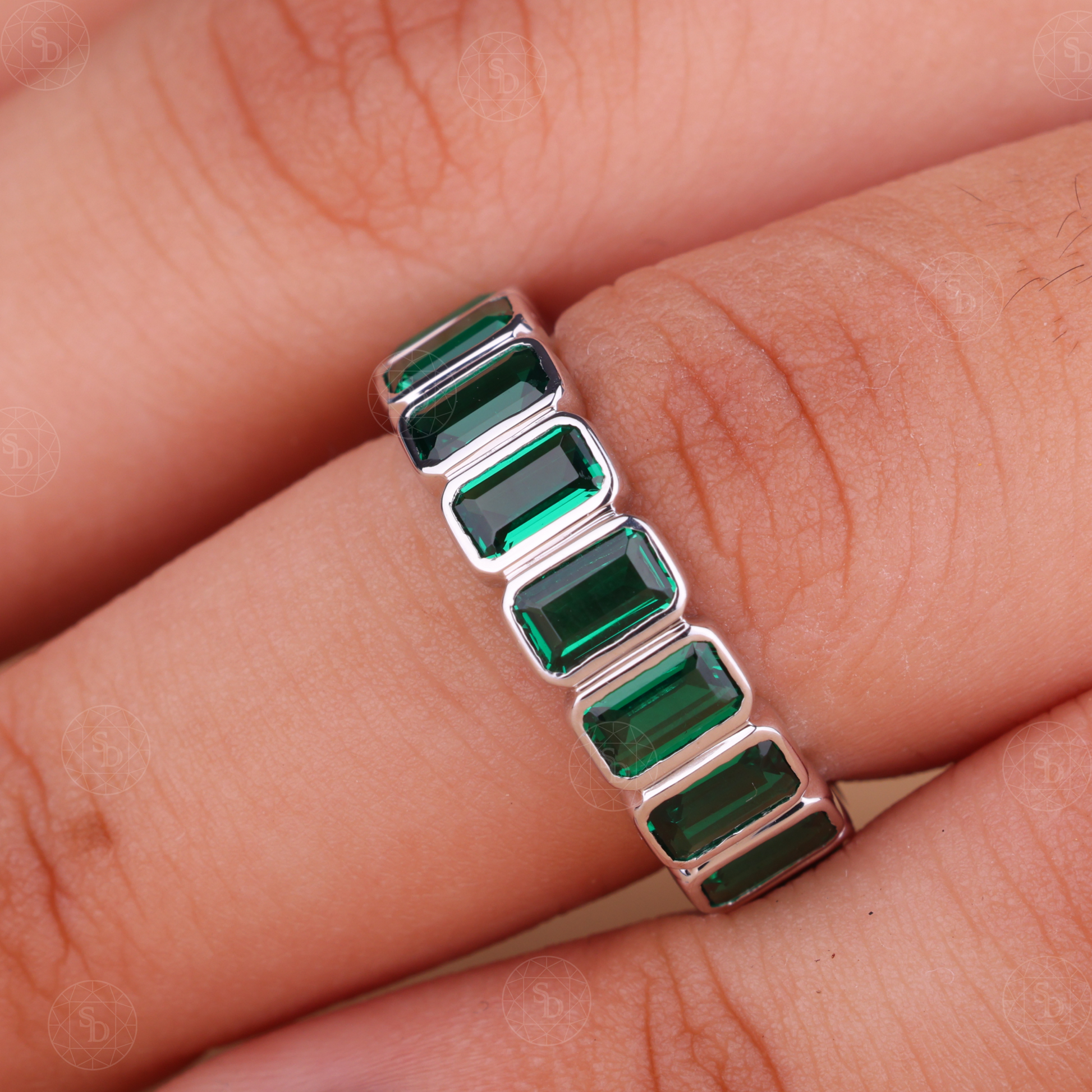 Emerald Cut Green Synthetic Gemstone Full Eternity Wedding Band