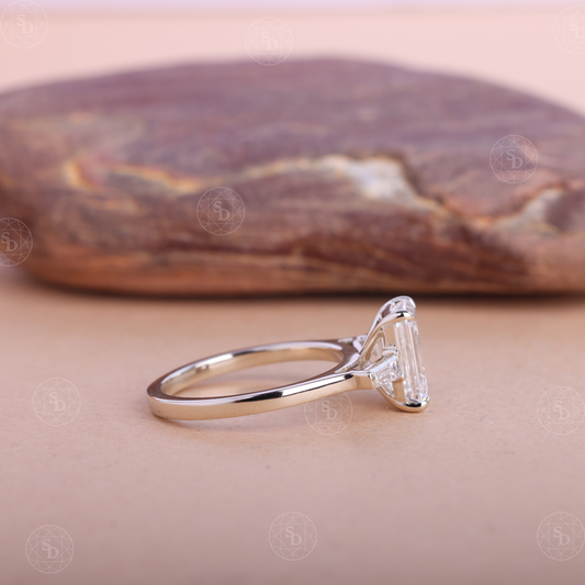 Emerald Lab-Grown Three Stone Ring: 14K Gold Baguette Engagement Ring