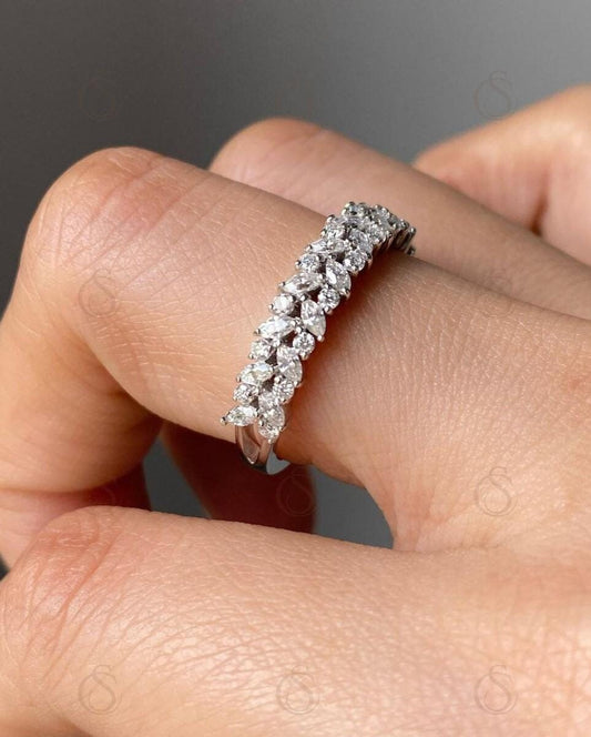 Moissanite Wedding Band: Marquise & Round Cut, Half Eternity, Handmade