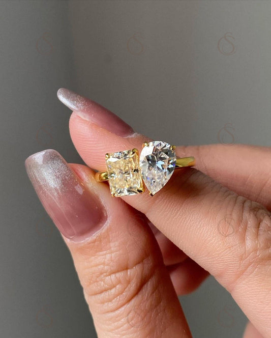 Moissanite Toi Et Moi Ring: 14K Gold Pear & Emerald Cut Engagement Ring