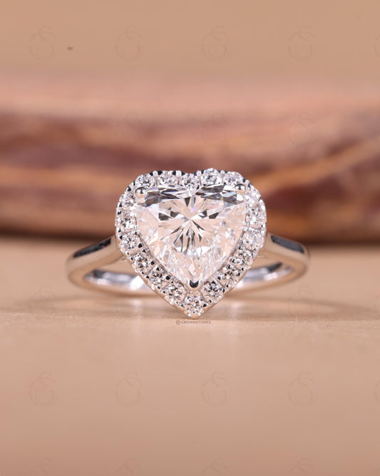 2.0ct Heart Cut Lab Grown Diamond Engagement Ring: 14K Solid White Gold Halo Ring