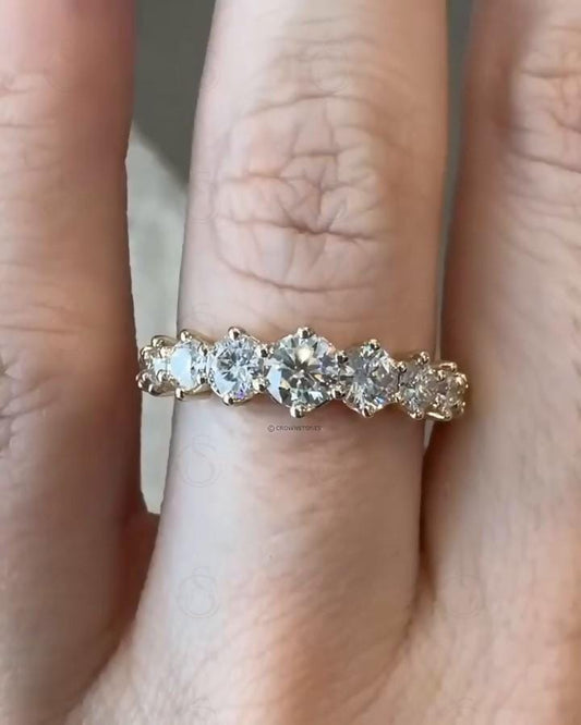 1.0 ctw Round Cut Moissanite Wedding Ring: 14K Graduated Half Eternity Band