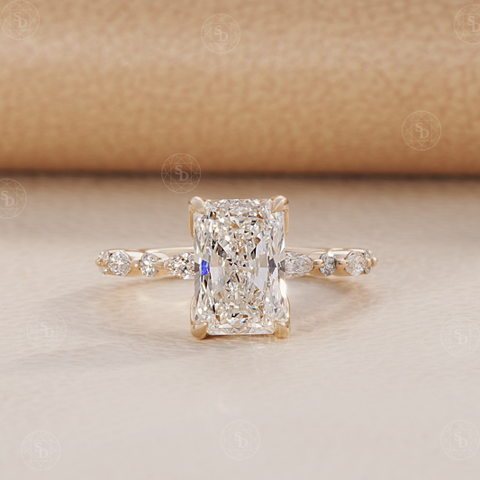 Radiant Cut Lab Diamond Engagement ring with alternate round and marquise band and tulip basket setting