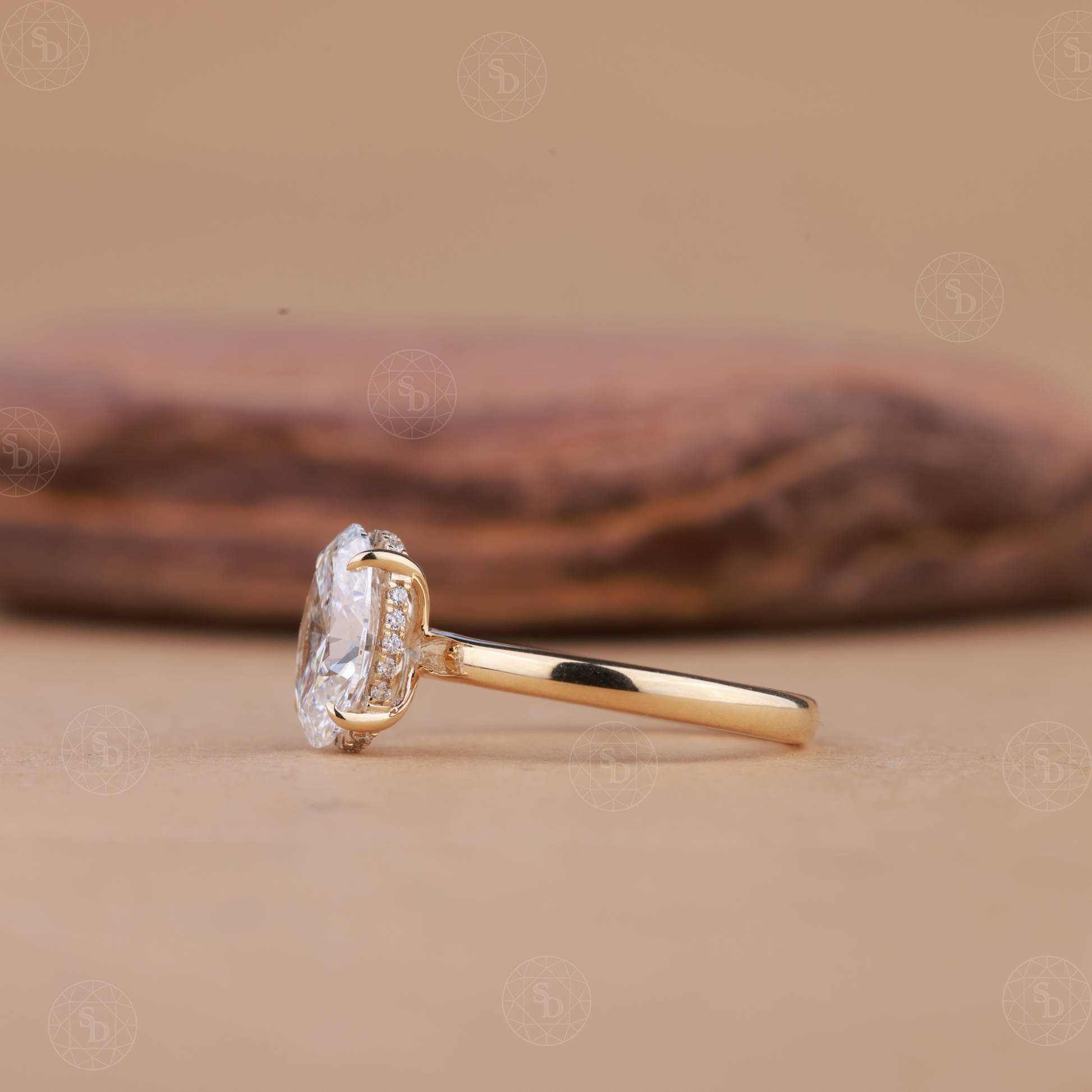 14K gold oval lab-grown diamond engagement ring with hidden halo setting