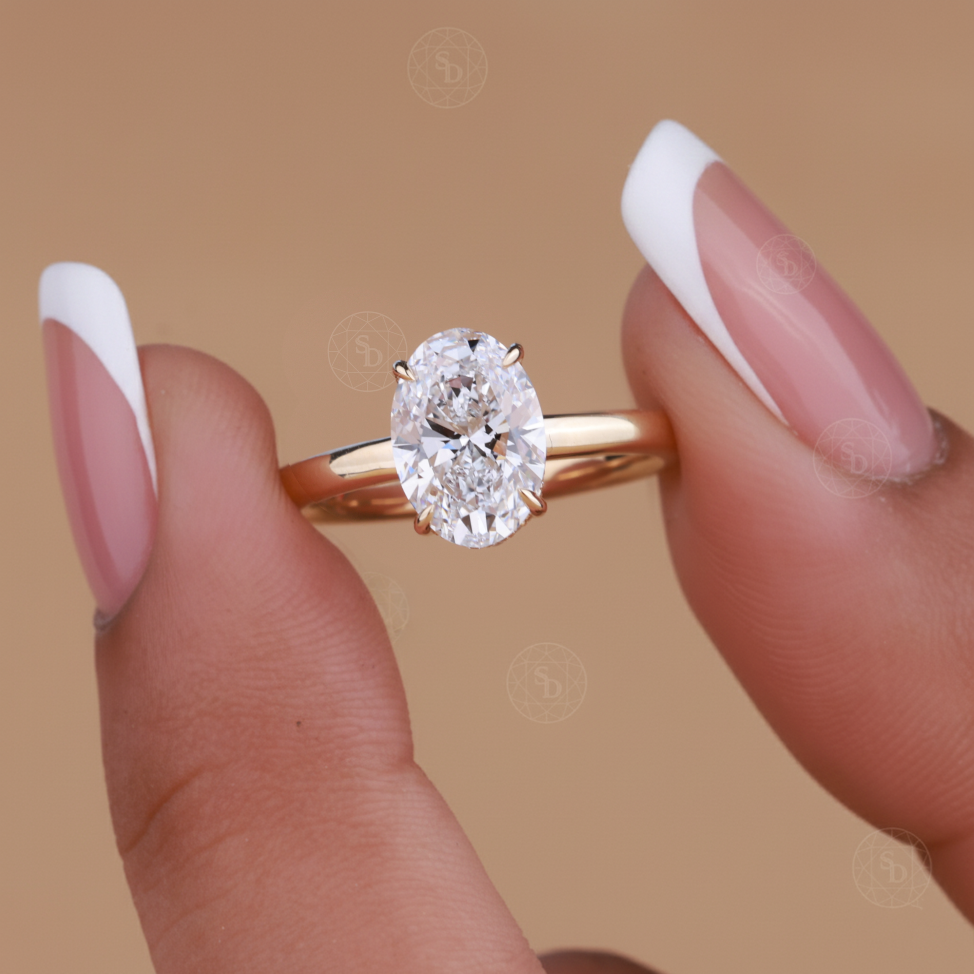 14K gold oval lab-grown diamond engagement ring with hidden halo setting